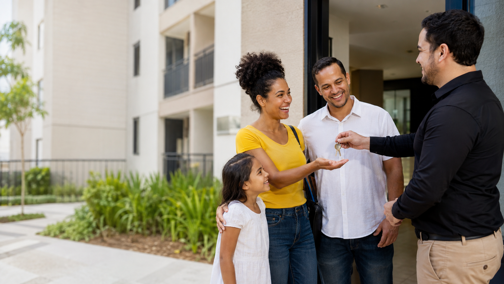 Família comemorando a conquista do apartamento próprio